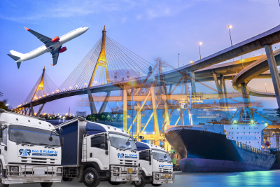 transportation import and export logistic communications concept with truck cargo ship and plane